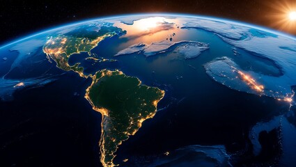 Fototapeta premium South america at sunrise aerial view from space