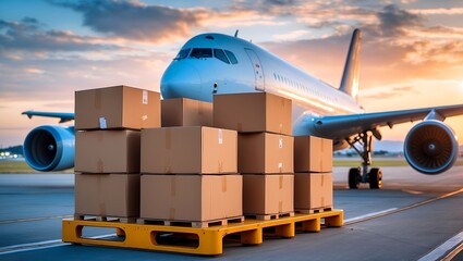 Stacked cardboard boxes on yellow pallet at sunset