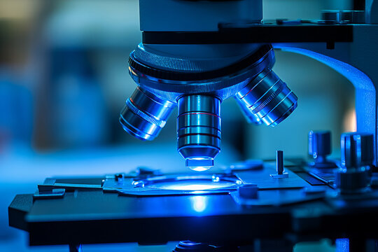 High-tech microscope examining glowing particles in a laboratory setting with futuristic blue lighting