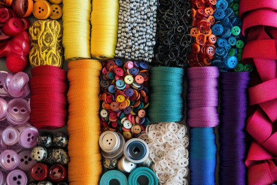 Colorful collection of yarn, buttons, and ribbons displayed on a craft table for creative projects