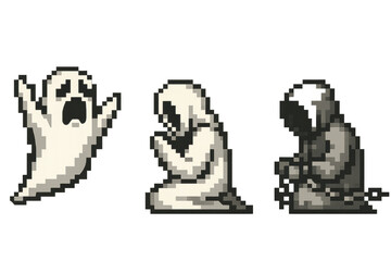 Retro pixel art ghosts and hooded figures in a digital style