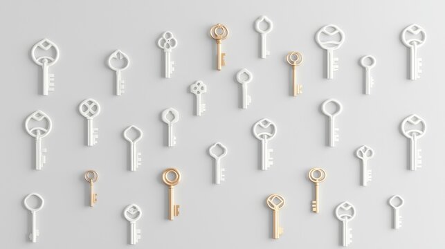 A collection of unique key designs, each with its own distinct shape and color.