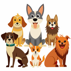 Cartoon Dog Breeds Vector Set Funny Flat Style on White