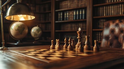 Chess Game In A Luxurious Library Setting