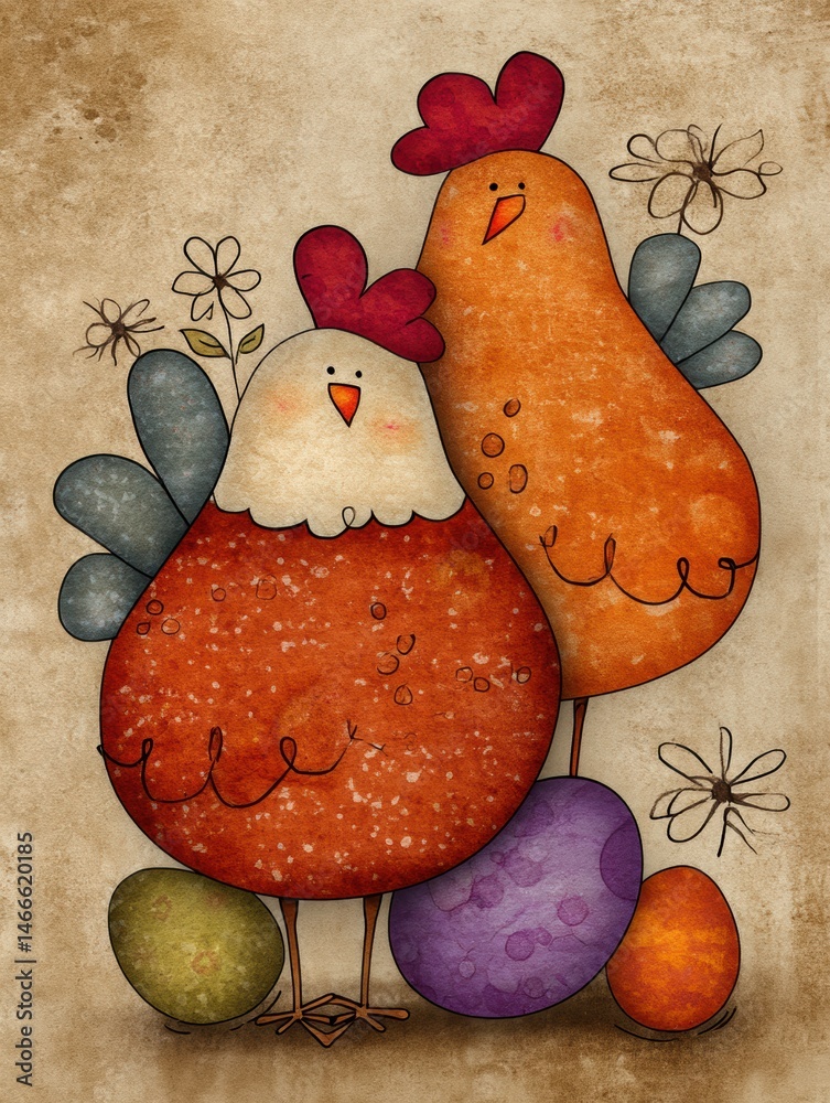 Poster Whimsical Cartoon Hens With Colorful Eggs in a Rustic Farm-Like Setting Surrounded by Flowers and Playful Elements Generative AI