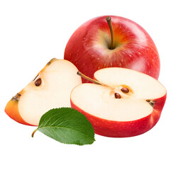 red apples with leaf, isolated on white background.