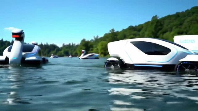 Innovative amphibious vehicles resembling swans exploring serene lake waters during bright sunny day