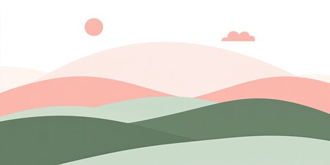 Obraz premium Pastel Hills Minimalist Mountain Landscape Illustration with Warm Sun.