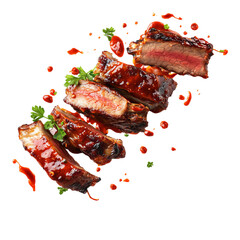 Falling grilled meat with sauce, png transparent background
