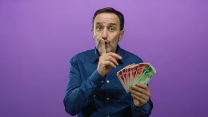 Man holding israeli banknotes against purple background with a secretive expression, conveying...