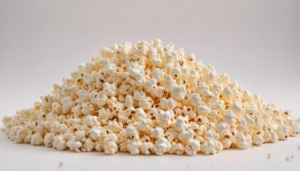A fluffy mound of popcorn against a pure white backdrop , buttery, texture, sweet