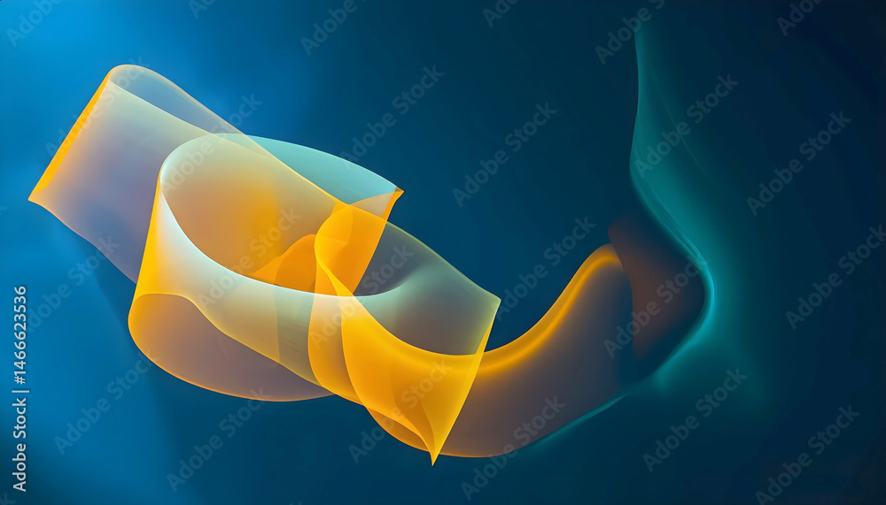 Poster Translucent orange and teal waves intertwine dynamically against a deep blue backdrop, creating an abstract and flowing digital artwor