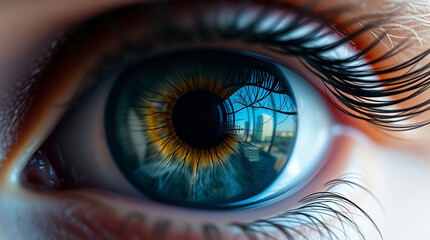 Macro Close-Up of Eye Reflecting a Scenic Historical Building Landscape
