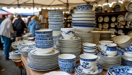 Vintage porcelain tableware displayed at flea market