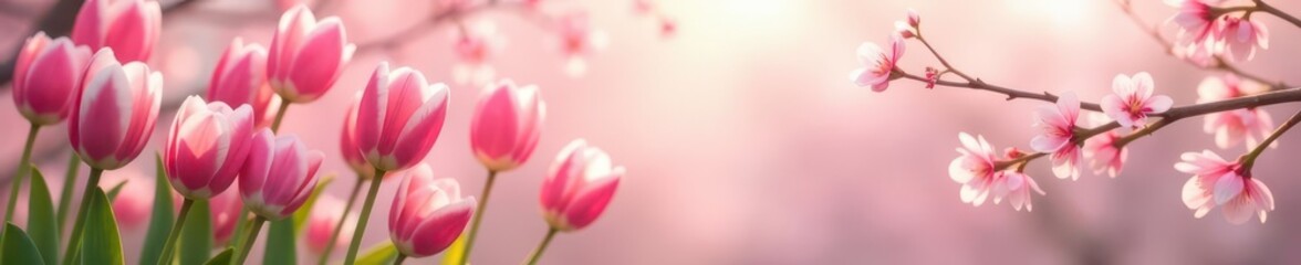 Fototapeta premium Soft pink and white tulips and cherry blossoms in gentle spring breeze , blossom, vibrant