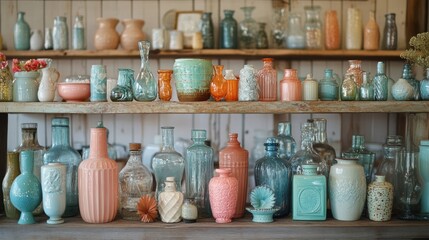 Vintage pottery and glass bottles on wooden shelves