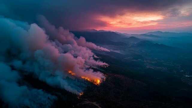 Aerial mountain forest fire emitting thick smoke under a dramatic sunset, illustrating the environmental scale and beauty of wildfire disasters.