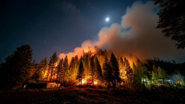Trees engulfed in flames with thick smoke rising during dusk, highlighting intense wildfire destruction in a dense forest.