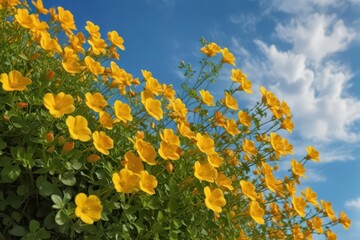 Bright yellow and orange Bacopa monnieri blossoms against a vibrant blue sky , vibrant, herbal, image
