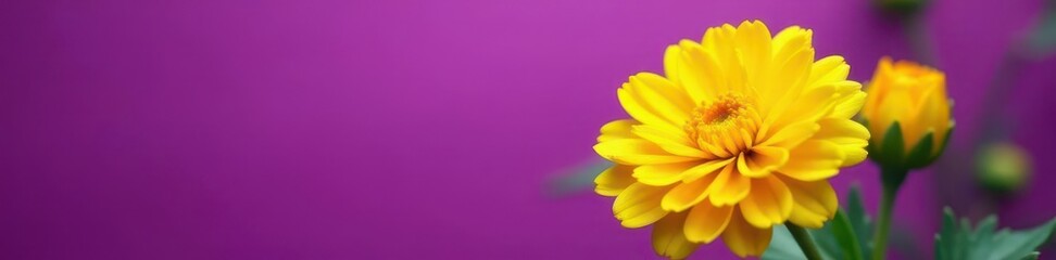 Fototapeta premium Yellow chrysanthemum blossom, vibrant purple backdrop, plant, nature