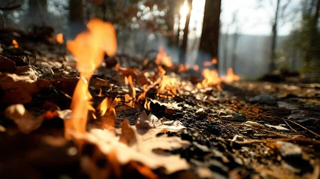 Macro view of forest floor fire consuming dry leaves, depicting how fast wildfires start from ground-level ignition in dry environments.