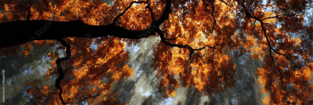 Poster Sunlight Filters Through Vibrant Orange Canopy Creating Dappled Shadows on Forest Floor During Early Autumn Afternoon Generative AI