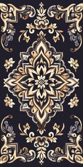 Ornate floral mandala design with intricate gold, black, and cream patterns on a dark background.