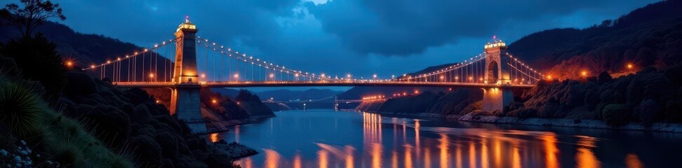 Fototapeta premium Night view of Clifton Suspension Bridge, illuminated against dark sky, Clifton Suspension Bridge, night