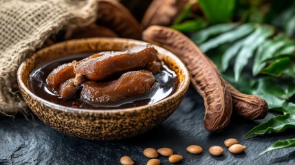 Sweet Preserved Tropical Fruit In Dark Bowl On Dark Stone Background