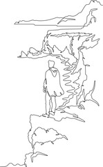 Continuous one line drawing a man stands on the top of a cliff. Seashore. Ocean bay. Steep cliffs. One continuous line isolated minimal vertical illustration.Not AI.