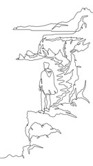 Continuous one line drawing a man stands on the top of a cliff. Seashore. Ocean bay. Steep cliffs. One continuous line isolated minimal vertical illustration.Not AI.