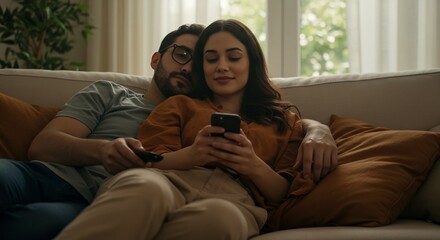 Obraz premium Young Couple Relaxing on Cozy Sofa, Woman Using Smartphone, Man Holding Remote Control, Intimate Home Scene