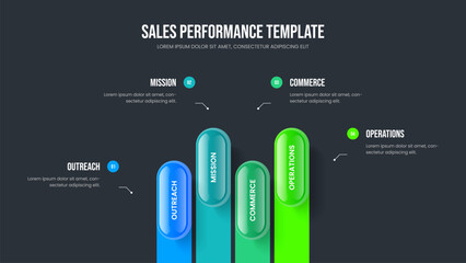 Enterprise Launch Presentation Design Vector Illustration. Sales Portfolio 4 Element Infographic Frame Layout. Investor Planning Four Option Diagram Slideshow Template.