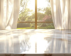 Empty Marble Tabletop With Window View Of Garden