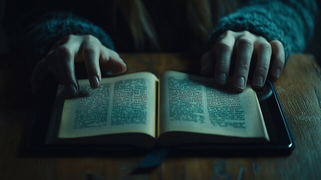 Person reading an open book