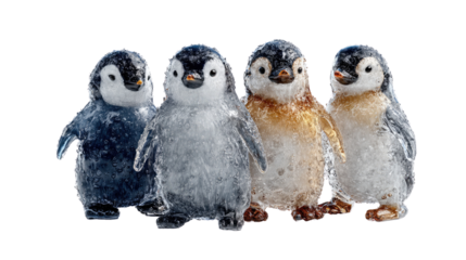 Penguin Quartet: A charming quartet of adorable penguin chicks huddle together, their fluffy feathers a delightful contrast to the icy blue background.
