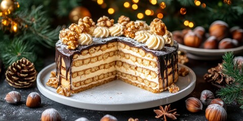 Hazelnut Cake Slice with Praline Cream on White Plate, Chocolate Drizzle, Festive Backdrop