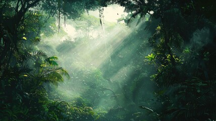 Lush, misty jungle interior, dappled sunlight, and dense foliage.