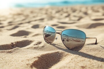 Pair of stylish sunglasses resting on warm sandy beach with sunlight glinting in the background