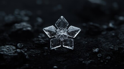 A single, clear, faceted crystal sits in the center of a dark, rocky surface.