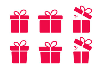 Set of festive gift boxes in red, shown both closed and opened. Perfect for celebration or party themed designs.