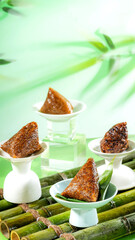 Dragon Boat Festival traditional food Zongzi, green bamboo scene photography light
