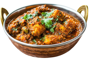 Chicken tikka masala feast in an ornate metal bowl garnished with cilantro