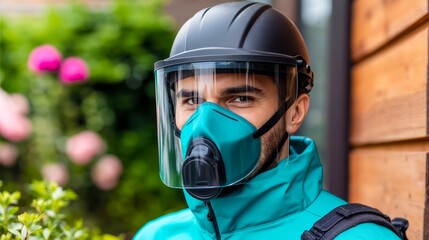 A man wearing a protective suit and a gas mask