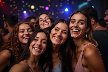 Fototapeta premium A group of friends taking a fun selfie together at a party with colorful lights and decorations in the background. Everyone is laughing and enjoying the moment