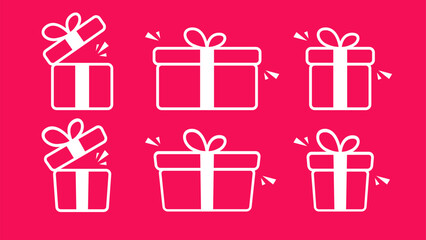 Set of festive gift boxes in red, shown both closed and opened. Perfect for celebration or party themed designs.