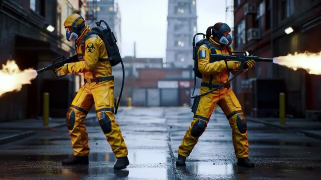 Two workers in yellow hazmat suits using flamethrowers in an empty urban alley, flame and biohazard action symbolize danger and disinfection