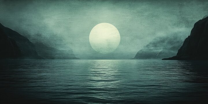 Mystical Moon Serene Lake with Foggy Peaks under Moonlights Glow.