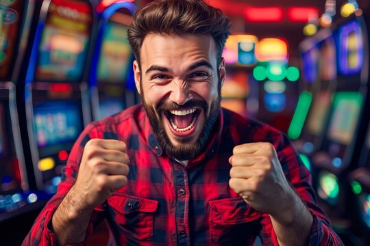 A man in a red plaid shirt is playing a slot machine