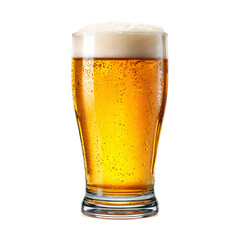 A refreshing glass of golden beer with a frothy white head and condensation droplets is displayed against a clean white background in a studio setting now here.